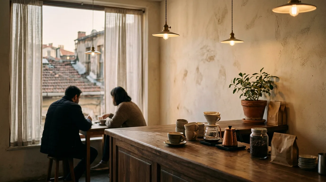 Akşamüstü ışığında, ceviz bar, sarkıt lambalar ve pencere kenarında bulanık siluetlerle sakin bir İstanbul kahve dükkânı iç mekânı.