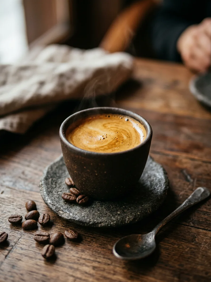 Mat seramik fincanda yoğun kremalı espresso, yanında dağılmış birkaç kahve çekirdeği ve taş tabak.