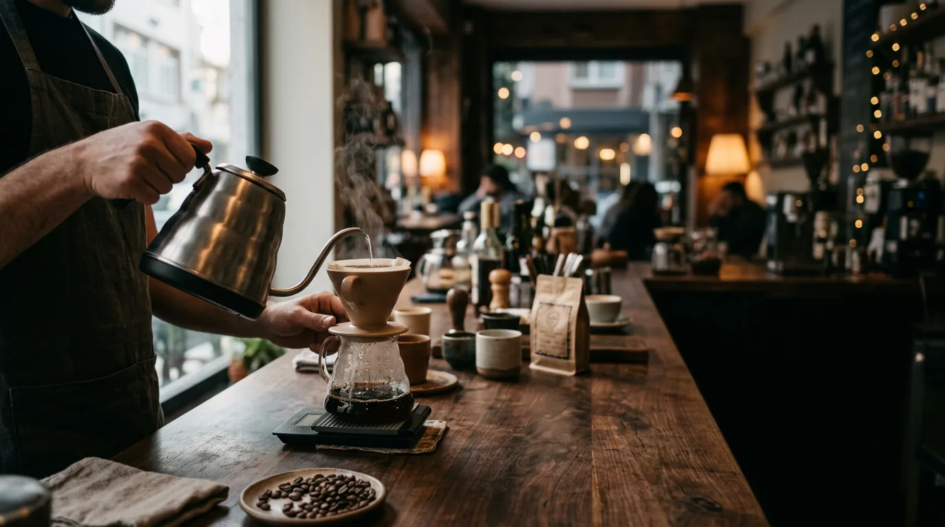 Barista elleri, ahşap bir tezgâhta cam sürahinin üzerindeki seramik süzgece gooseneck demlikle yavaşça sıcak su döküyor.